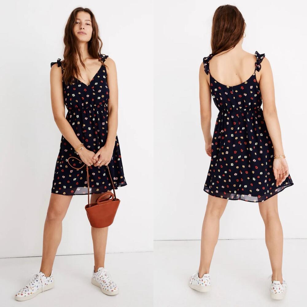 Madewell Ruffle Strap Faux Wrap Dress in Confetti Floral Navy Blue Women 6 Lined